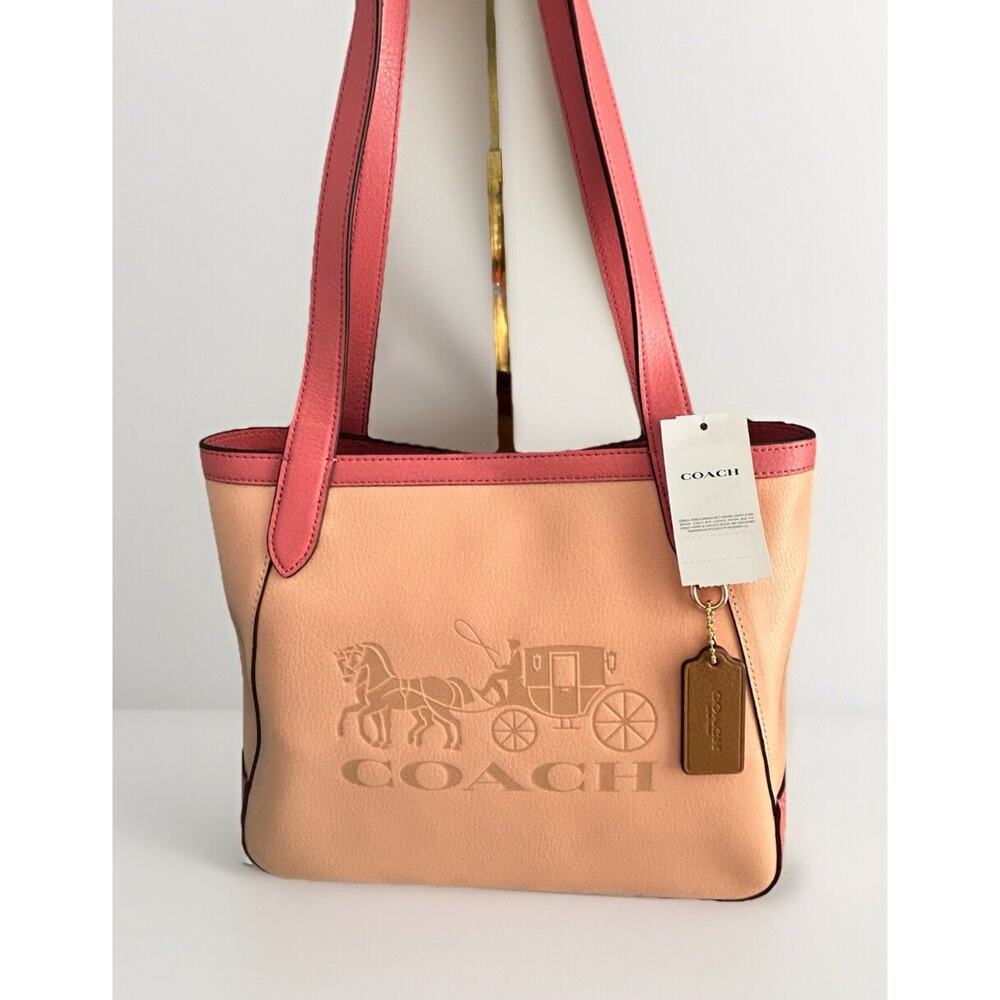 New Coach Leather Tote 27 Bag Pink Peach Blush C5775 Horse Carriage Colorblock